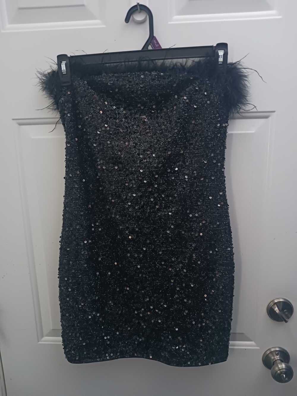 SHEIN Black Sequin Strapless Mini Dress with Feather Trim